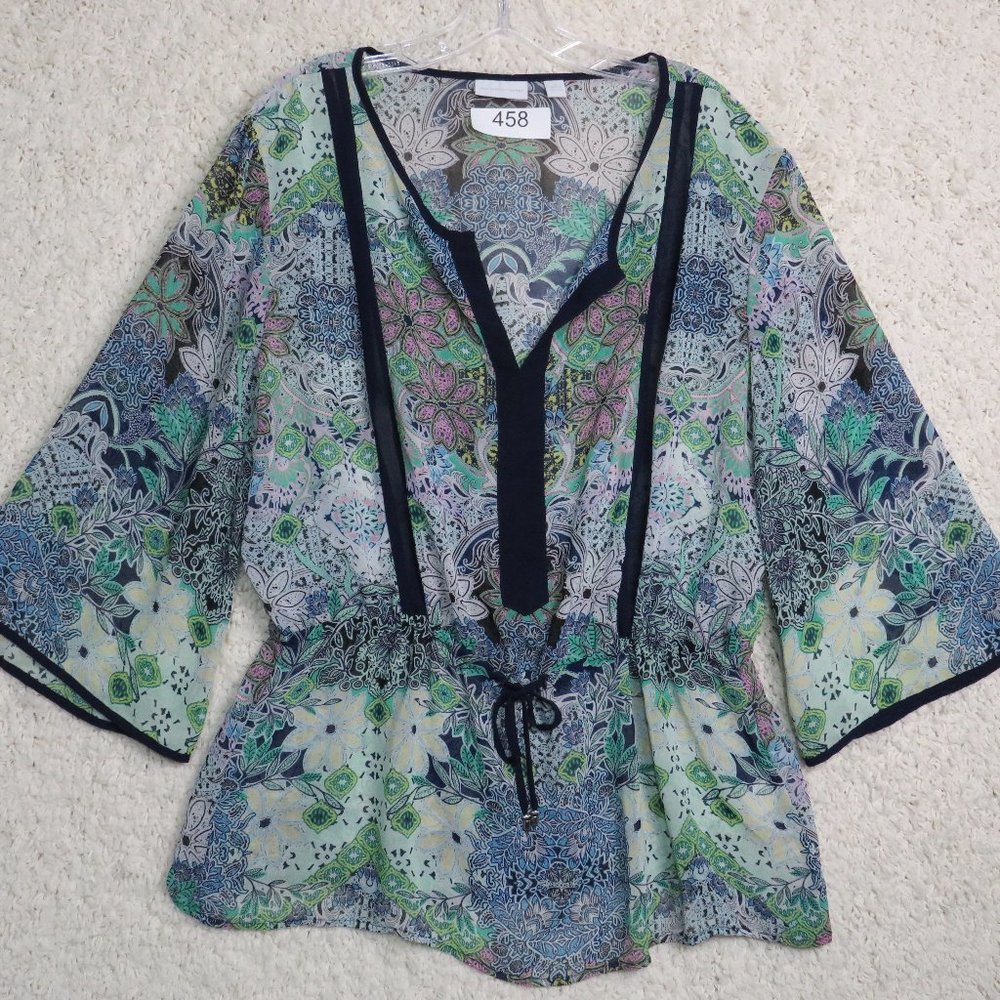 New York & Company* Women's 3/4 Sleeve V-Neck 1/4 Open Curved Hem Blouse Size XL
